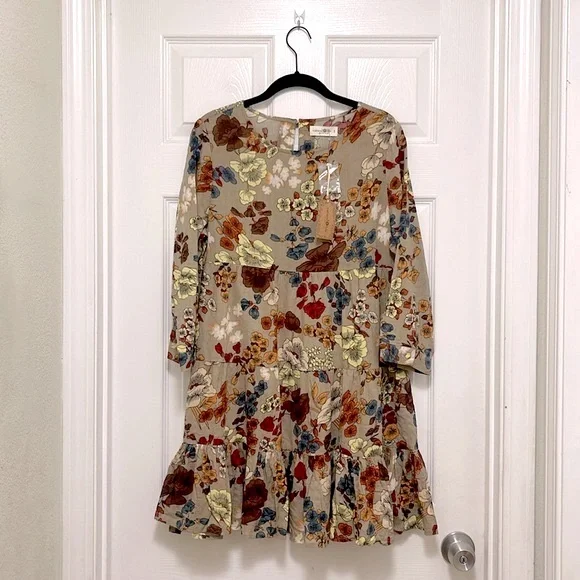NWT Natural Life Heidi Mini Dress in Tan Cream Floral - Picture 3 of 7